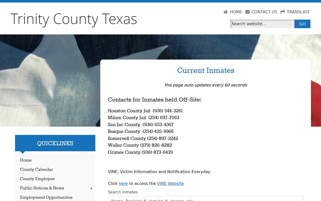 Trinity County arrest lookup current inmate search and sort controls