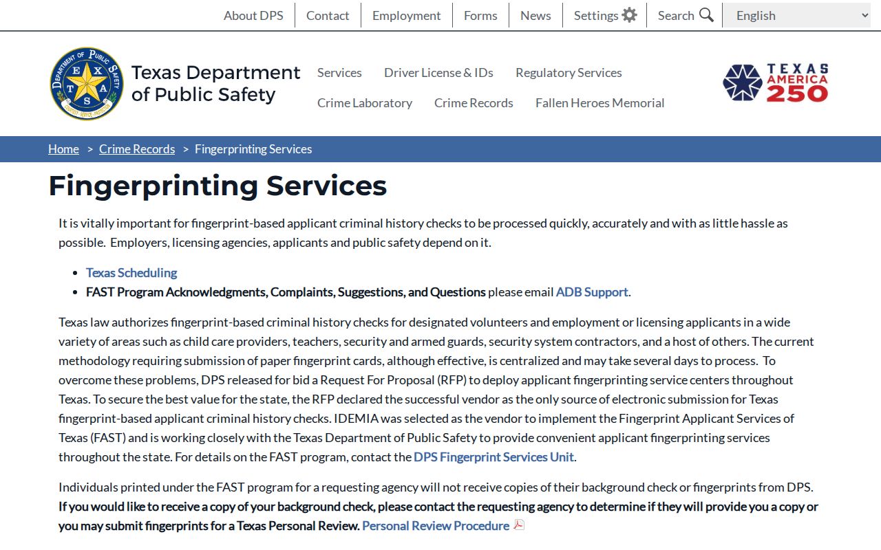 Trinity County criminal history FAST personal review instructions