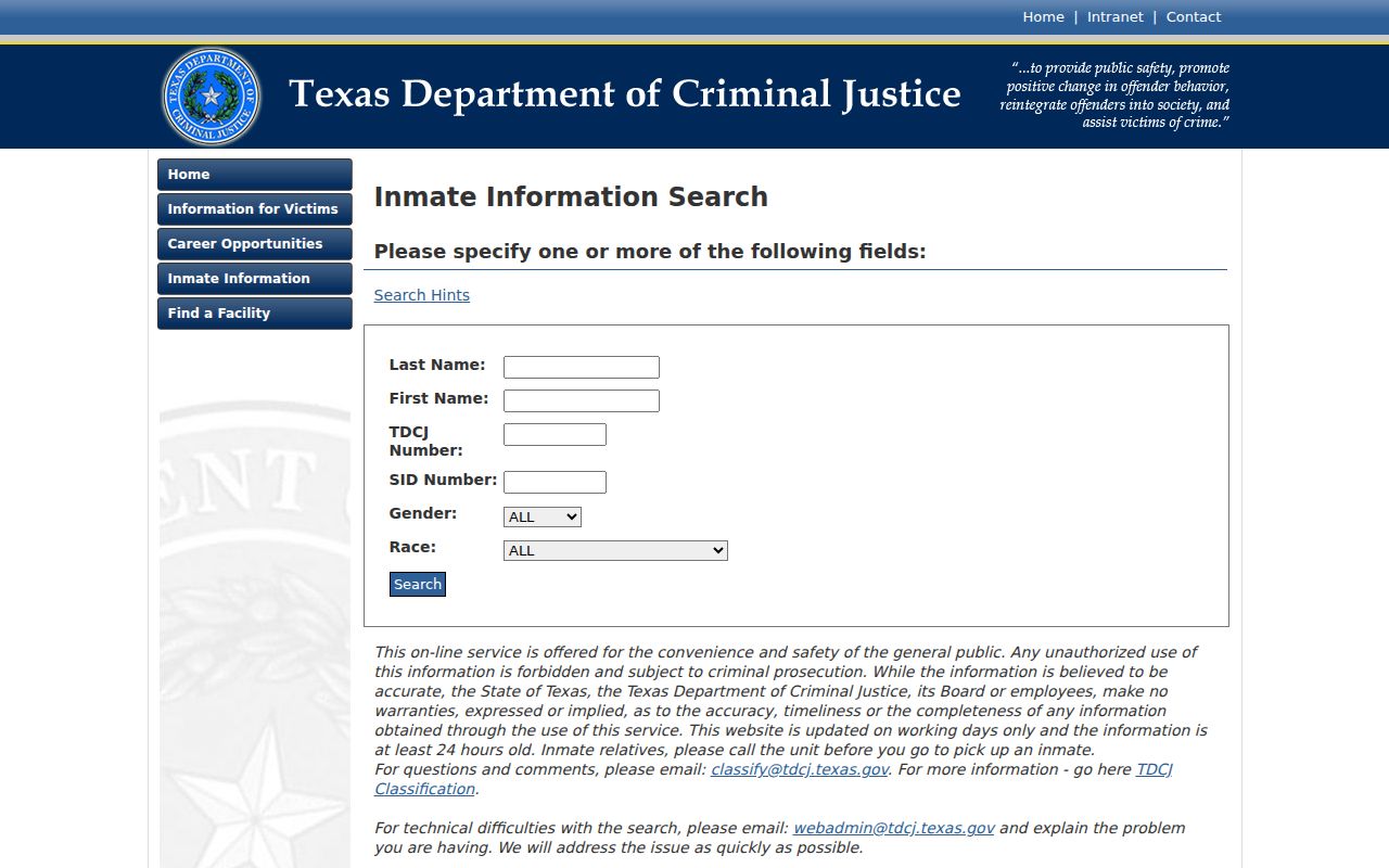 Trinity County criminal history TDCJ inmate name and number search