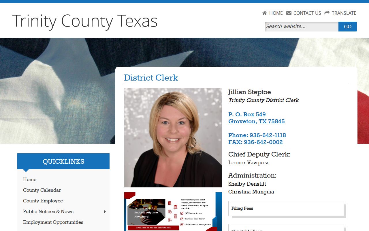 Trinity County criminal court case District Clerk records page