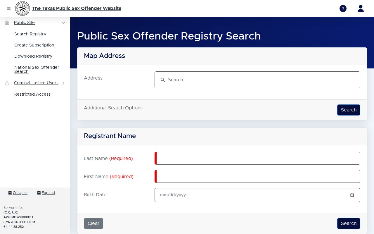 Trinity County sex offender search form on the Texas DPS registry